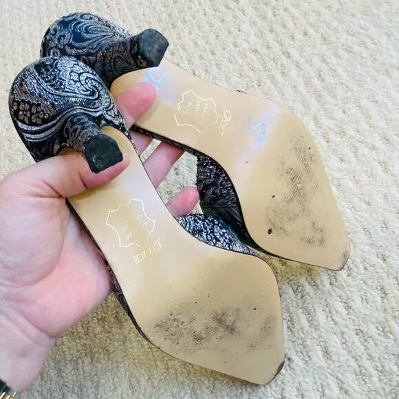 Silver metallic brocade high heels dressy retro slip ons mules slides US 9.5M - Picture 4 of 8
